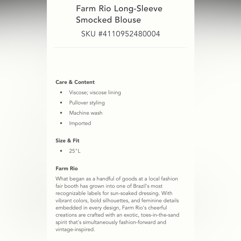 Anthropologie NWT FARM RIO LONG-SLEEVE SMOCKED BLOUSE Size XS. - Picture 5 of 10
